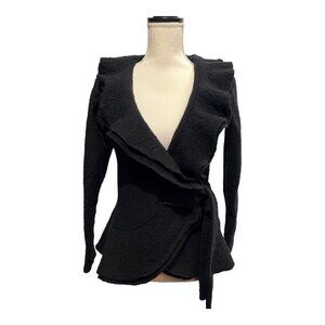 Fenn Wright Manson Womens M Wool Ruffle Cardigan Sweater Coat Belted Black Short